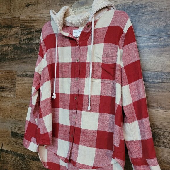 American Eagle Buffalo Plaid Hoodie M Hi Low Hem Pocket Front Gorpcore - Picture 2 of 9